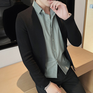 秋冬男士假两件针织衫开衫衬衫领毛衣外套两件套绿色M9507-P90