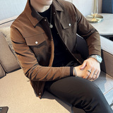 质感暗条纹皮质夹克男修身翻领短款纯色外套咖啡色JK233-P138，男装夹克，电商A213