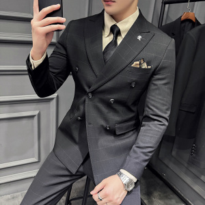 双排扣色织格纹西服新郎结婚礼服格子西装三件套男SJT8035-P285图片