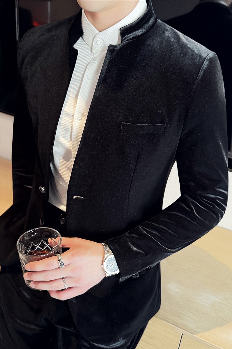 新中式高级感立领丝绒休闲西装套装秋冬加厚西服男LJT23685-P230，男装西服，电商A213