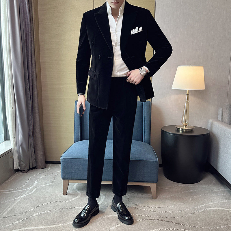 帅气戗驳领双排扣男礼服丝绒西装两件套结婚西服套装LJT947-P235,男装西服套装,电商A213