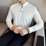 新中式立领长袖POLO衫男高级感弹力无痕翻领T恤黑色T6659-P68，男装T恤，电商A213