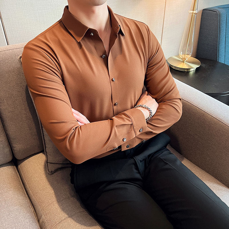 无痕华夫格免烫抗皱长袖衬衫男修身休闲商务衬衣绿色C6061-P73,男装衬衫,电商A213