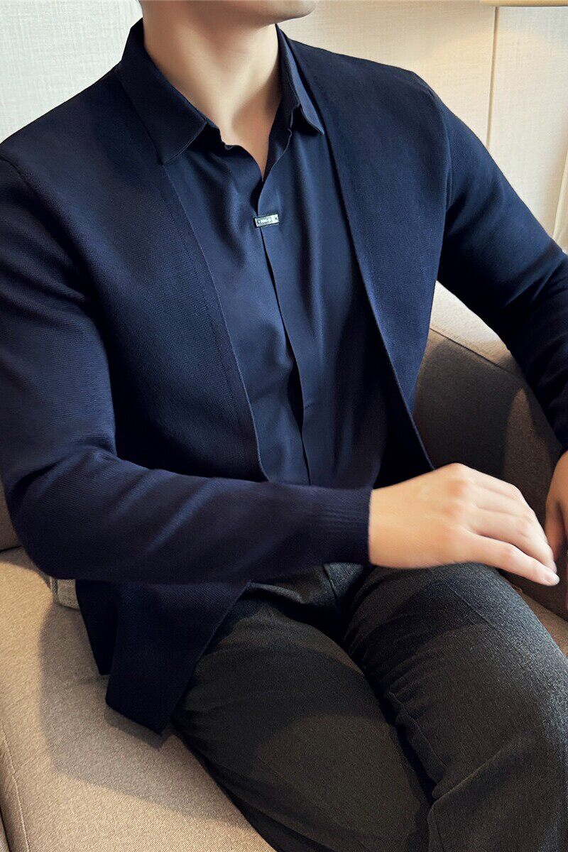 男士假两件针织衫开衫个性无痕V领衬衫领毛衣外套宝蓝色M8501-P93图片