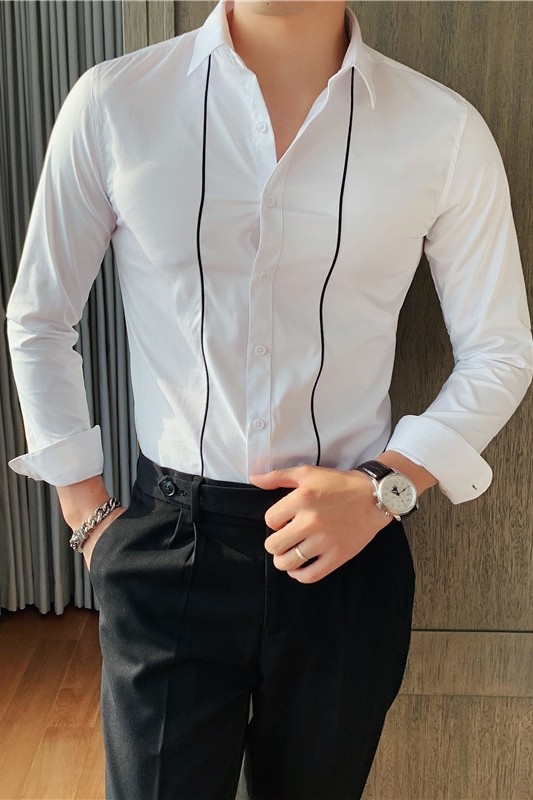 个性线条刺绣男士白衬衫修身西装打底长袖衬衫白色A213/C012/P60,男装T恤,电商A213