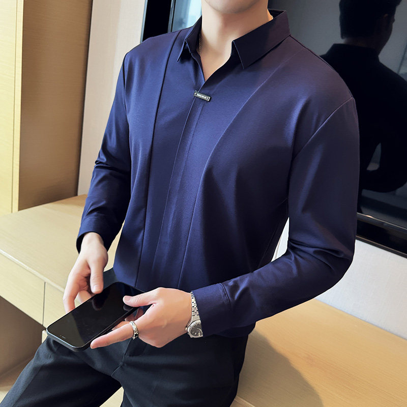 拼接个性V领长袖POLO衫男高级感弹力无痕翻领T恤黑色T2811-P78图片