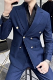 双排扣西服套装男休闲商务戗驳领气质西装高级感宝蓝色LJT10-P230，男装西服套装，电商A213