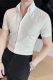 网红性感V领衬衫男短袖帅气修身休闲立领痞帅衬衣C210-P60，男装T恤，电商A213