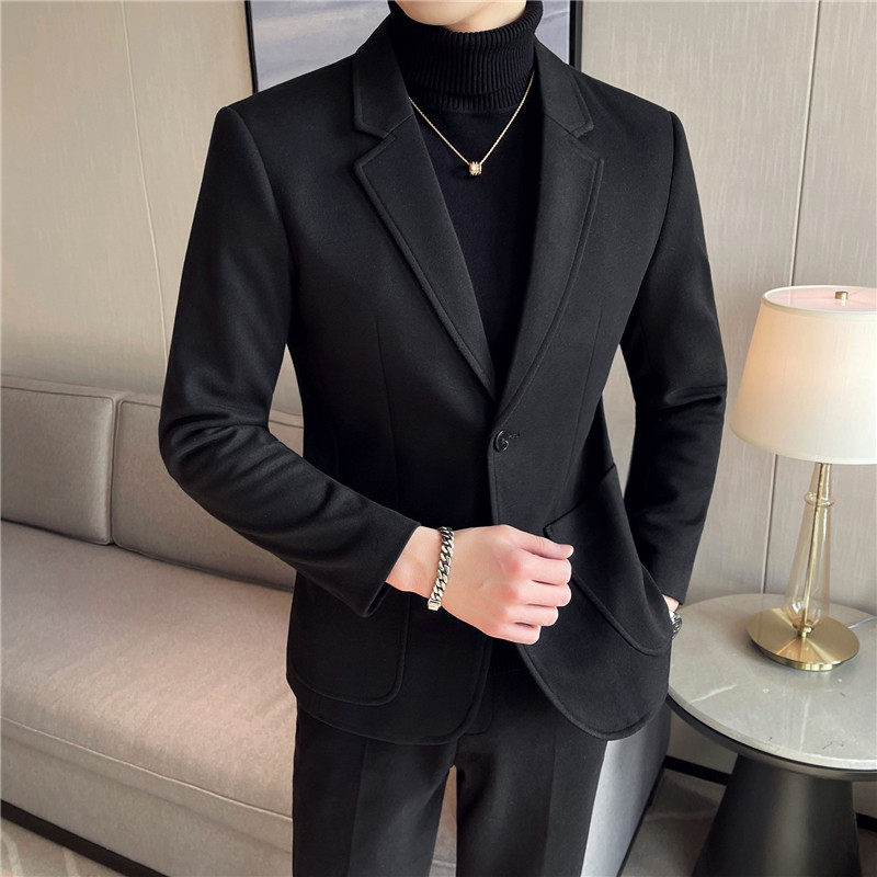 秋冬装男士毛呢休闲西服外套帅气妮子西服加厚单西黑色DX208-P148图片