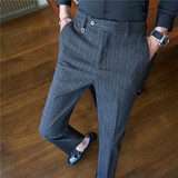 加厚弹力毛呢西裤男高级感西裤条纹长裤深灰色XK6953-P78，男装西裤，电商A213
