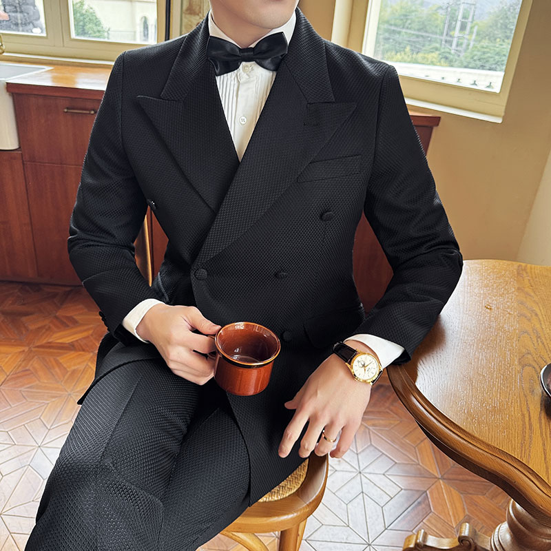 高级感戗驳领双排扣华夫格西服套装男礼服西装两件套LJT6601-P205，男装西服，电商A213