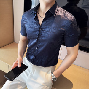 夏季薄款高品质男士印花短袖衬衫亮面花衬衣白色DC067-P53图片