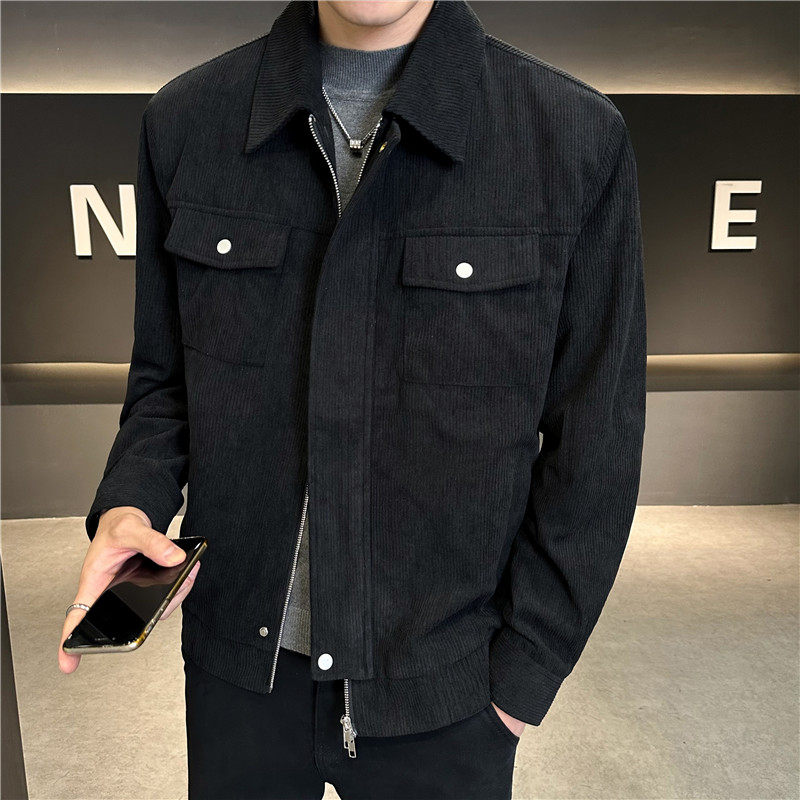 冬季加厚灯芯绒夹克男翻领短款条绒休闲外套帅气杏色JK81-P138,男装夹克,电商A213