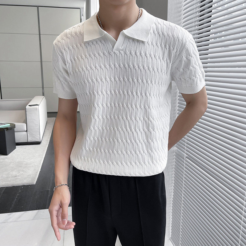 轻熟风~冰丝薄款V领针织提花短袖Polo衫男休闲翻领T恤PL269-P58,男装T恤,电商A213