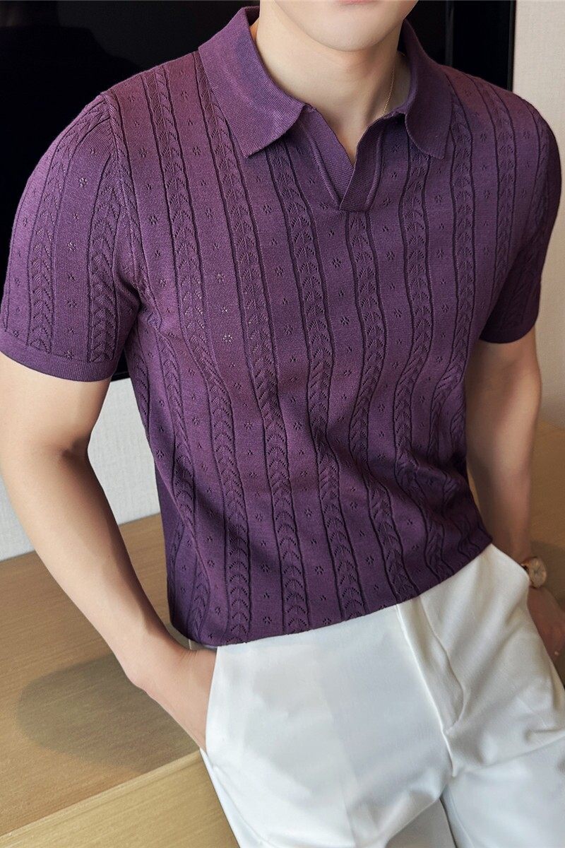 高级感网眼洞洞镂空条纹提花针织短袖T恤V领纯色Polo衫PL8903-P63，男装Polo衫，电商A213