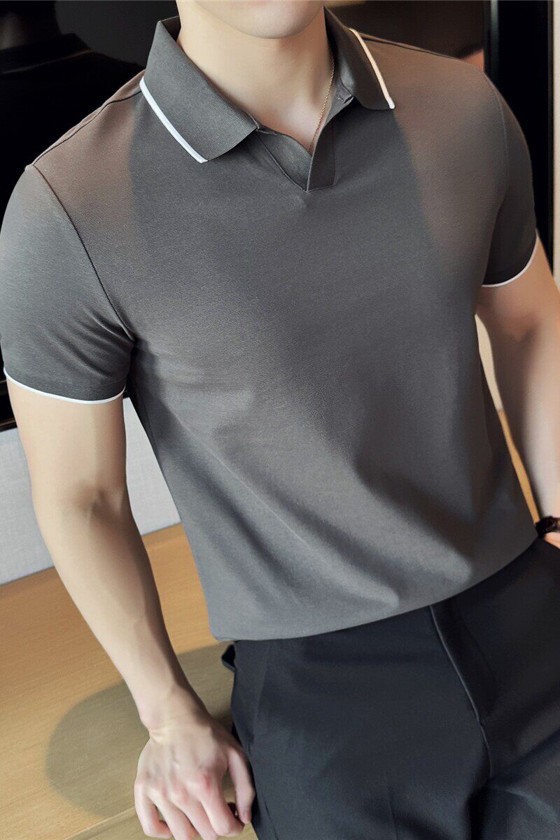 夏季时尚拼色V领polo衫男短袖翻领t恤石墨灰PL2239-P52，男装Polo衫，电商A213