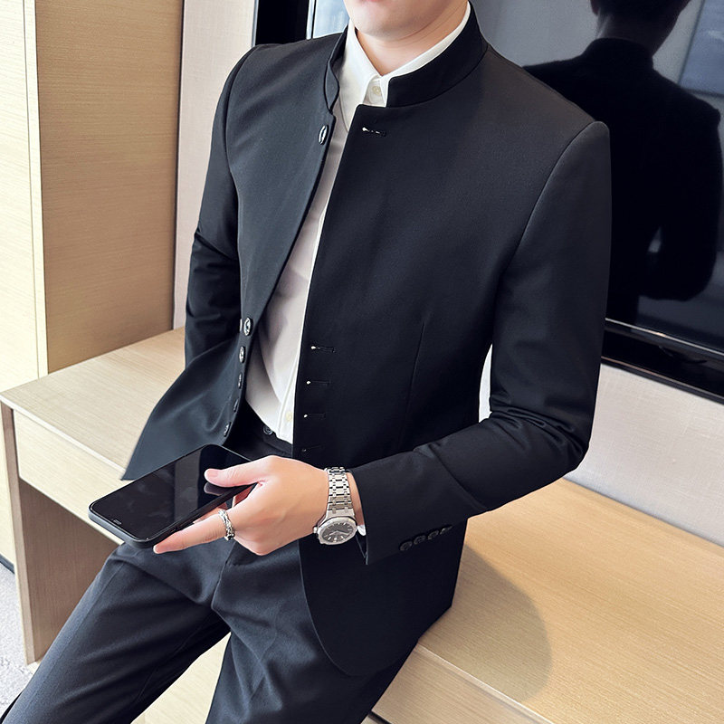 新中式立领西装两件套男高级感修身纽扣装饰西服套装LJT119-P203图片