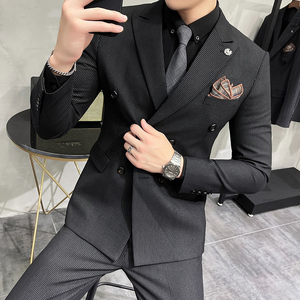 质感条纹西服套装男痞帅修身双排扣正装结婚西装黑色LJT112-P230,男装西服套装,电商A213