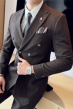 色织高品质面料西服套装戗驳领双排扣条纹西装三件套SJT8020-P275，男装西服套装，电商A213