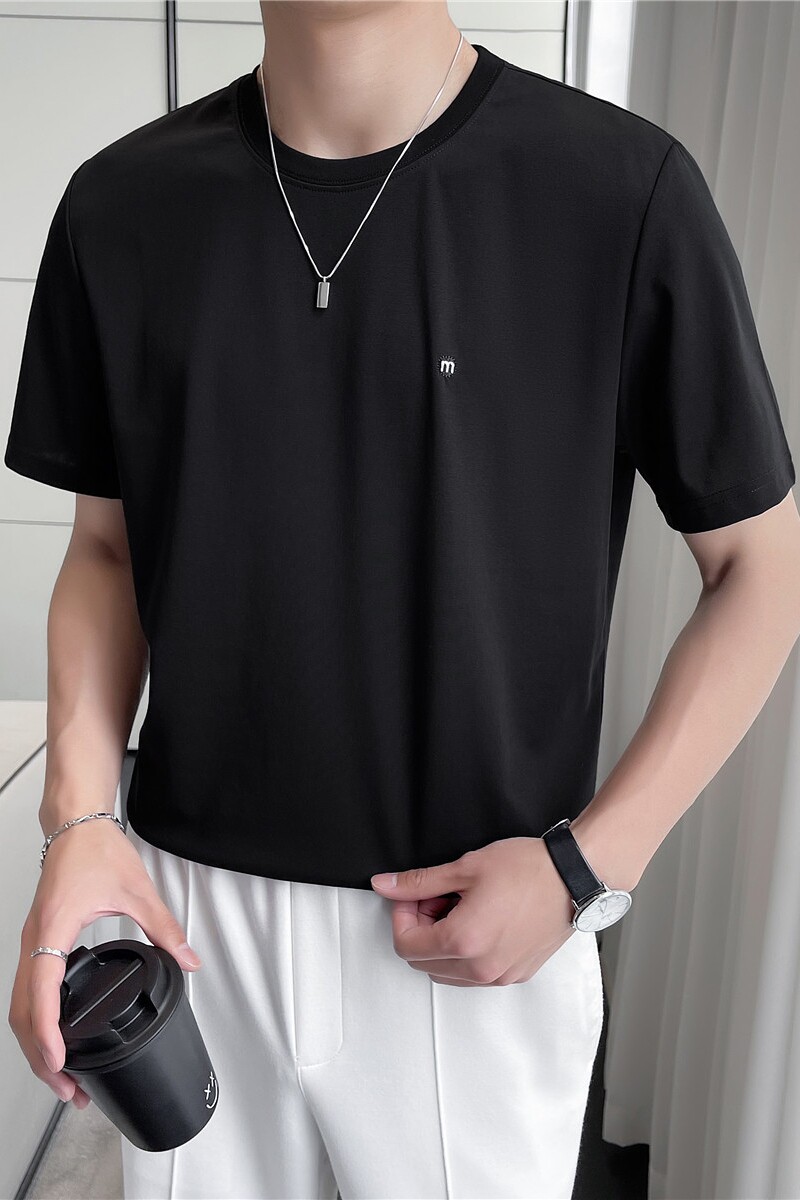 薄款冰丝短袖t恤男刺绣休闲弹力圆领纯色t恤黑色DT2129-P35,男装T恤,电商A213