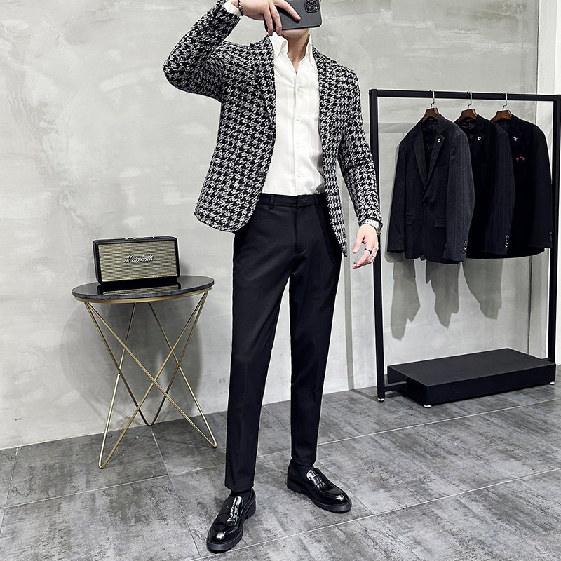 潮男主持人宴会礼服帅气西服外套时尚千鸟格西装厚款DX118-P155,男装西服套装,电商A213