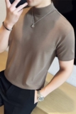 高品质~半高领短袖t恤男纯棉宽松中领纯色打底衫咖啡色TU278-P47，男装T恤，电商A213