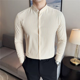 新中式立领衬衫薄款泡泡纱微弹面料条纹长袖衬衣黄色C2369-P63，男装衬衫，电商A213