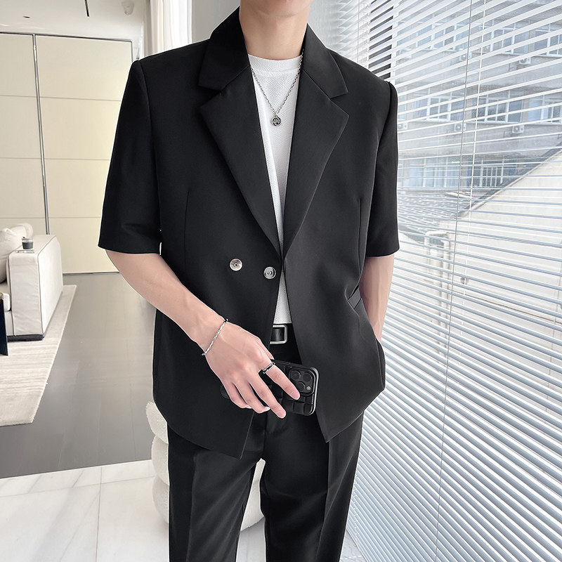 轻熟风夏装男宽松质感黑色中袖西装两件套短袖西服LJT5503-P220图片