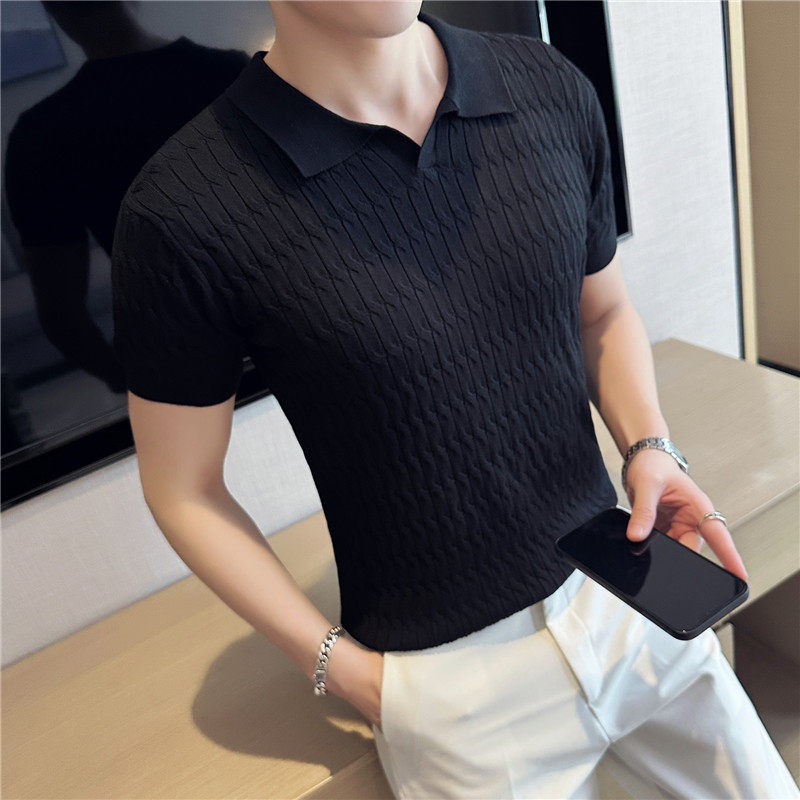 冰丝薄款V领针织提花短袖Polo衫男休闲翻领T恤宝蓝色PL269-P58,男装T恤,电商A213