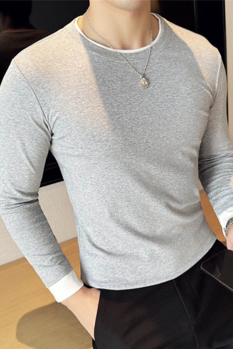 假两件打底衫男士长袖t恤纯棉紧身弹力修身内搭秋衣灰色CT10-P40图片
