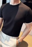 【天丝莱赛尔】假两件针织圆领T恤冰丝薄款撞色打底衫黑色T18-P63，男装T恤，电商A213
