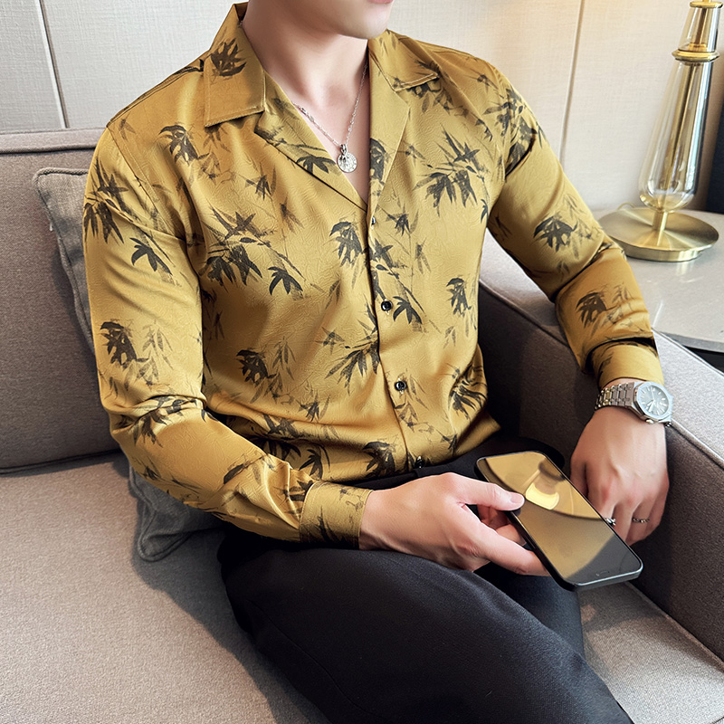 个性褶皱面料丝滑垂感长袖衬衫古巴领花衬衣男大翻领C2632-P58，男装衬衫，电商A213