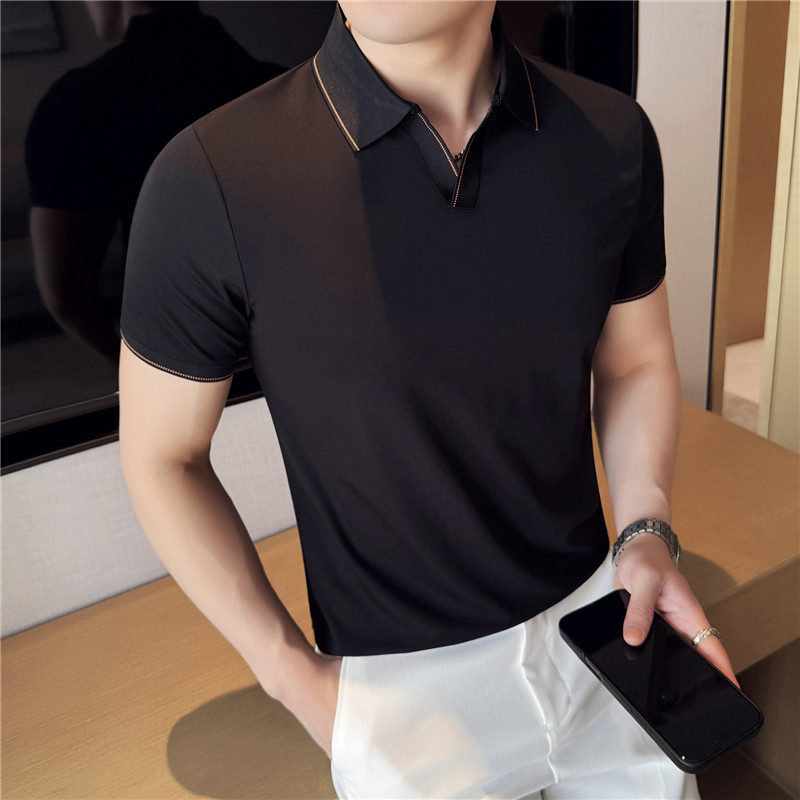 V领短袖Polo衫拼色翻领薄款休闲冰丝弹力T恤黑色PL2711-P53，男装Polo衫，电商A213