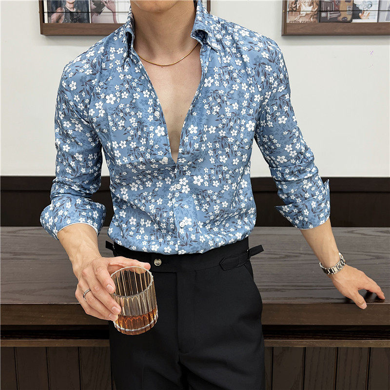 2025新款大V领衬衫男长袖花衬衣潮流帅气休闲立领衬衣蓝色C25-P60图片