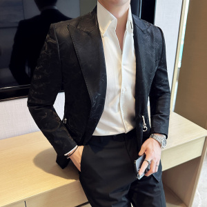 戗驳领皮西装男士皮面质感暗花休闲西服外套提花西装DX8812-P168