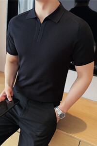 【天丝莱赛尔】老钱风莱赛尔针织V领POLO衫短袖T恤黑色PL931-P63图片