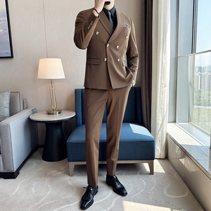 高品质西服戗驳领双排扣纯色西装三件套男咖啡色SJT8016-P275图片