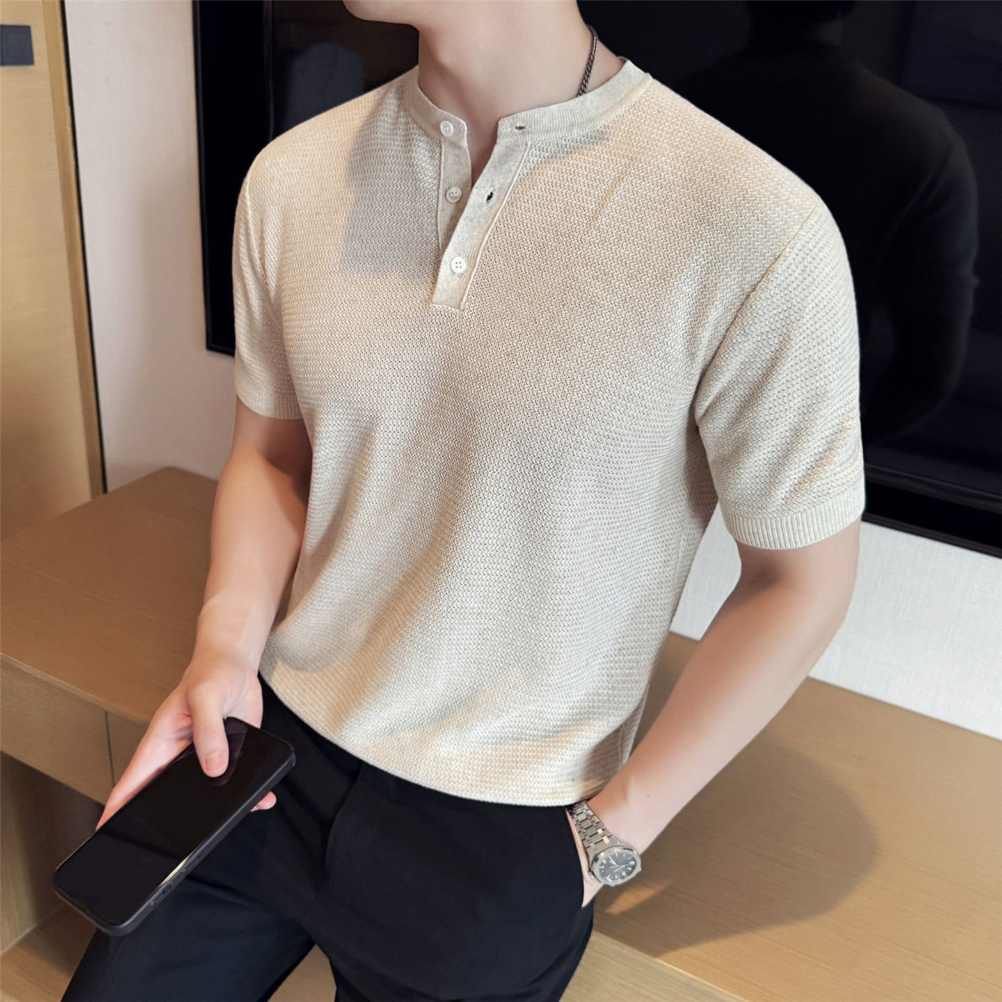 【天丝莱赛尔】老钱风亚麻短袖T恤男镂空针织亨利领灰色T8989-P67，男装T恤，电商A213