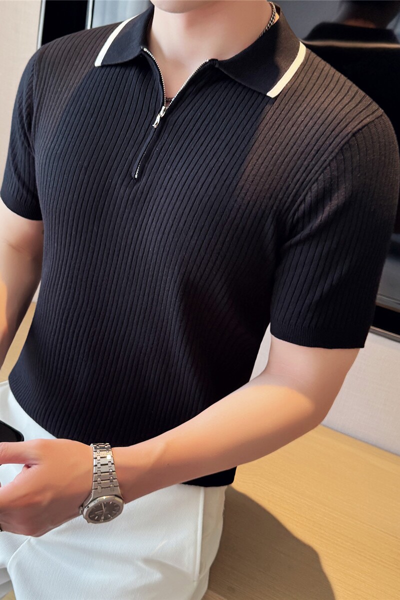 高级感暗条纹半拉链翻领针织POLO衫男拼色短袖T恤黑色PL2617-P63图片