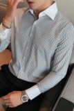 高品质面料拼色大领衬衫男士长袖修身条纹西装衬衣黑色C6607-P68，男装西服套装，电商A213