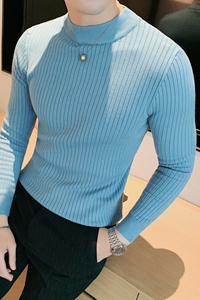 袖子暗条纹半高领毛衣男士纯色中领毛衣修身针织衫蓝色M1560-P53图片