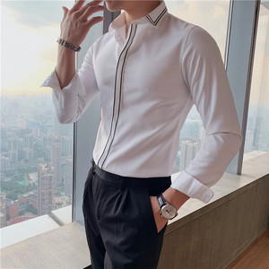 英伦风条纹长袖衬衫男韩版修身刺绣男士衬衣白色 A380/C6699/P60图片