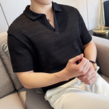 夏季满足你要的清凉~镂空针织短袖T恤V领Polo衫黑色PL2505-P60，男装Polo衫，电商A213