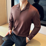 古巴领长袖POLO衫男高级感西装领无痕翻领T恤宝蓝色T2810-P73，男装T恤，电商A213