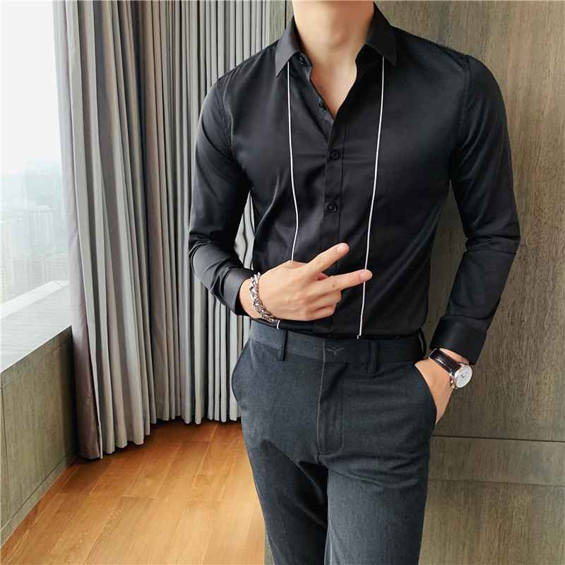 个性线条刺绣男士白衬衫修身西装打底长袖衬衫白色A213/C012/P60,男装T恤,电商A213