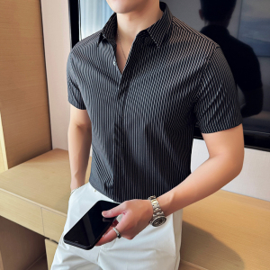 高级感商务衬衫男质感条纹衬衫暗扣修身短袖衬衣蓝色CXT10-P58图片