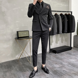 秋装条纹西装男套装韩版修身双排扣西服三件套深灰色SJT302/P280，男装西服套装，电商A213