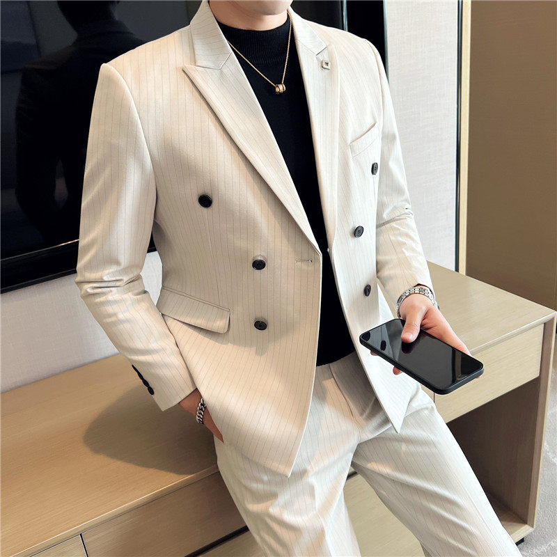 色织质感面料西服套装条纹双排扣西装三件套男SJT6831-P275图片