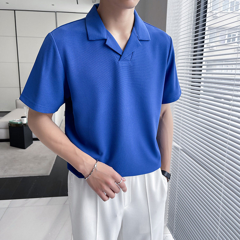 轻熟风~冰丝华夫格古巴领polo衫男西装领短袖T恤蓝色PL2238-P53图片