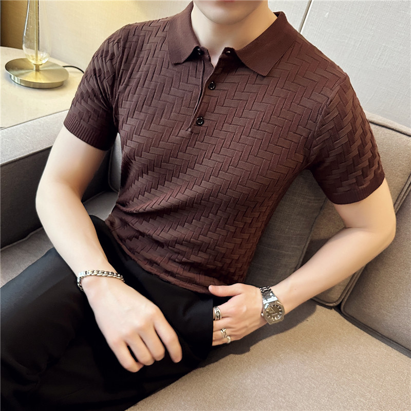 夏季冰丝薄款格纹针织翻领短袖男T恤修身Polo衫咖啡色PL97131-P63,男装T恤,电商A213